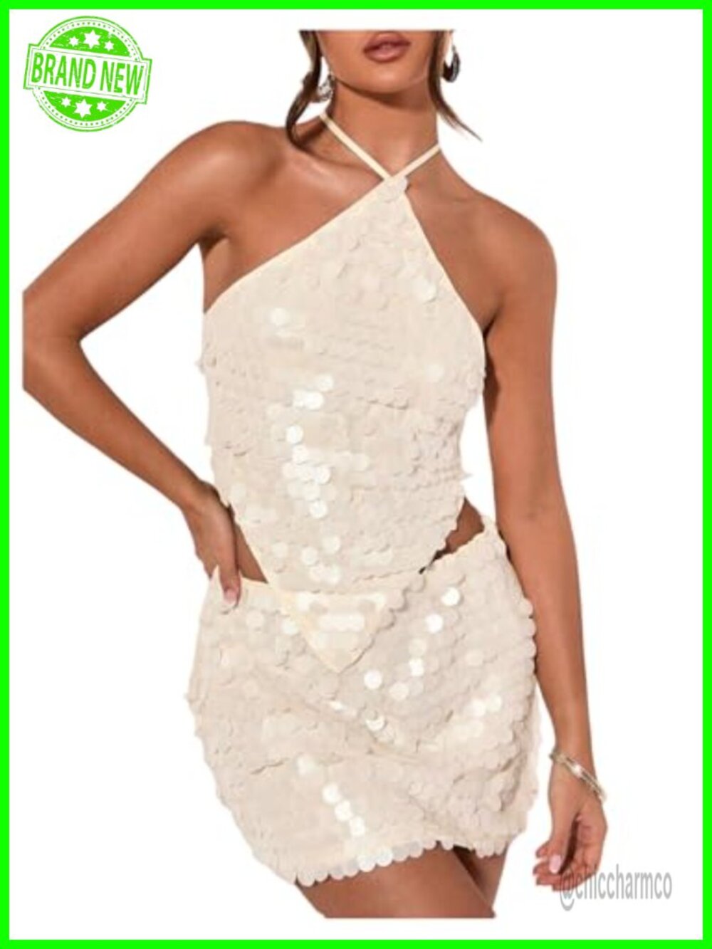 Sequin Halter Asymmetrical Y2K Top Sleeveless Backless